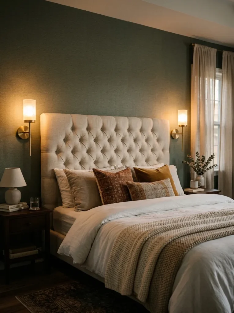 4. Warm Sconces Flanking the Headboard