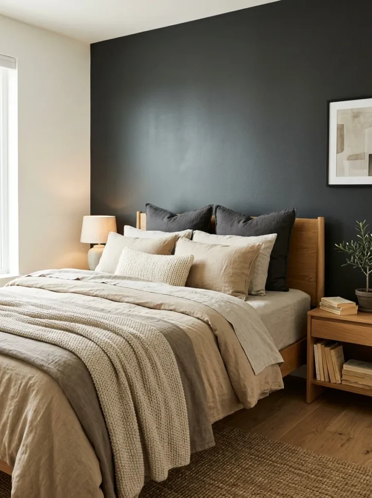 4. Charcoal Accent Wall With Warm Linen Layers