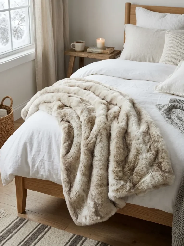 13. A Faux Fur Throw Draped Across the Bed