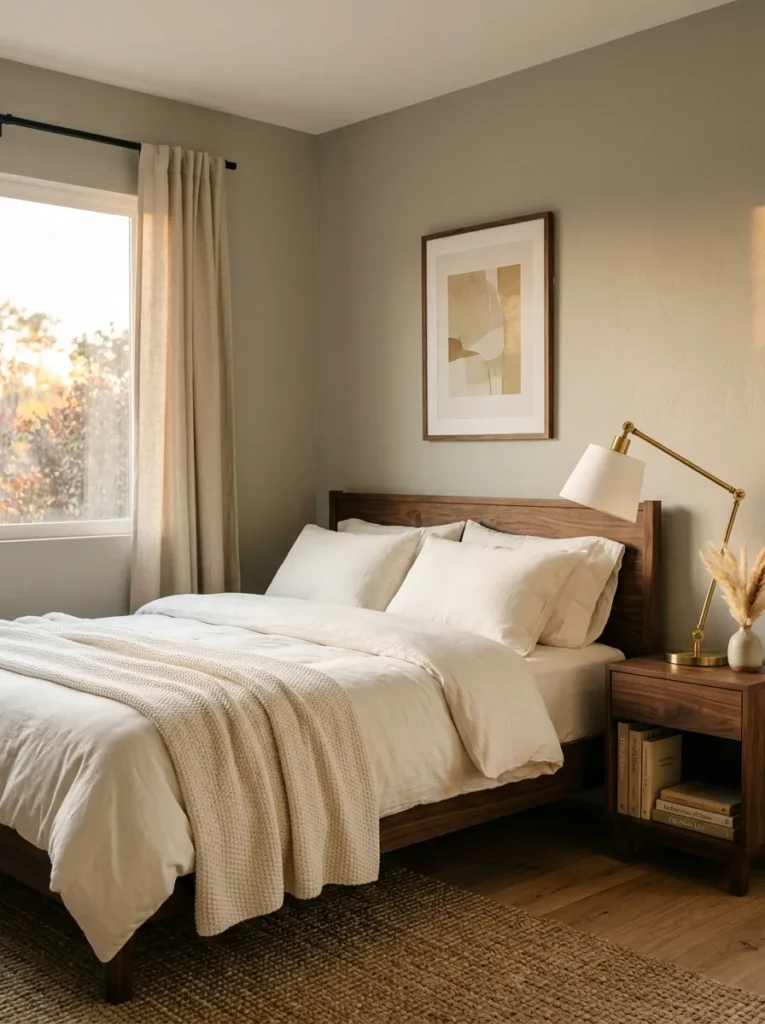 2. Greige Walls With Ivory and Walnut