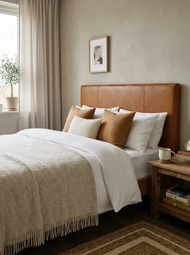 9. Soft Putty Walls With Caramel Leather